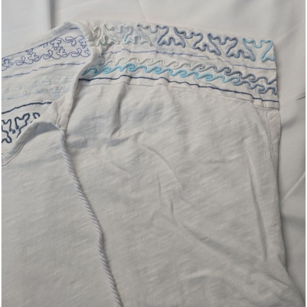 Chico's Peasant Blouse Womens Embroidered Top Size 1 White Blue Tie Neck Tassels - Picture 4 of 7
